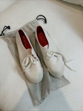 Hermes Women's White Canvas Lace-Up Sneakers with Red Insole